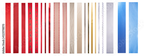 Obraz na płótnie A set of straight gold, red, silver and blue ribbons of different sizes and designs for Christmas, birthday and valentines day present wrapping isolated against a transparent background w salonie