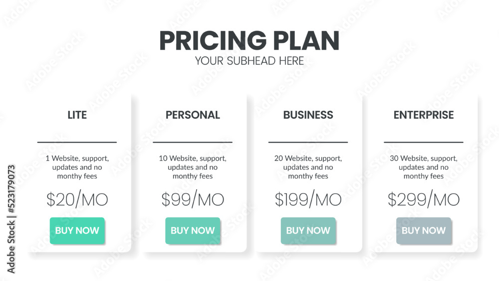 Modern creative pricing subscription plan table template with minimal line icon style. UI UX interface design elements. Infographic design element with option plans for website or presentation vector.