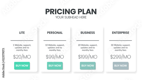 Modern creative pricing subscription plan table template with minimal line icon style. UI UX interface design elements. Infographic design element with option plans for website or presentation vector.