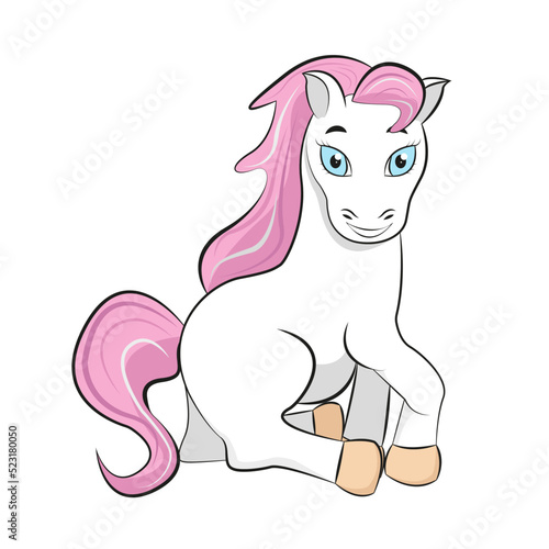 A white cartoon pony with a pink mane and tail and blue eyes for children's coloring books and postcards. Favorite character of little girls