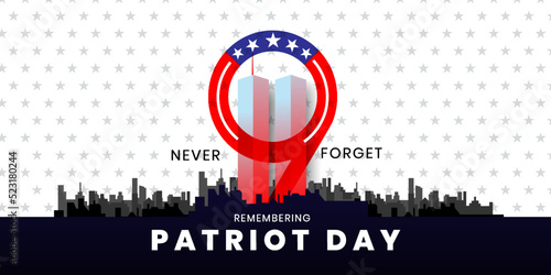 Patriot Day Background, September 11, United States flag, 911 memorial and Never Forget lettering, Vector conceptual illustration