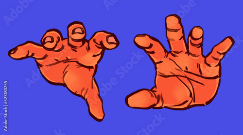 stylized illustration of bright red floating pair of hands reaching out trying to grab something isolated on blue background photo