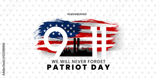 Patriot Day Background, September 11, United States flag, 911 memorial and Never Forget lettering, Vector conceptual illustration