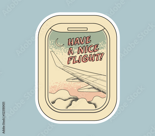 Vintage retro styled travel sticker or badge design template with with a view from the window of the aircraft on the wing. Vector illustration