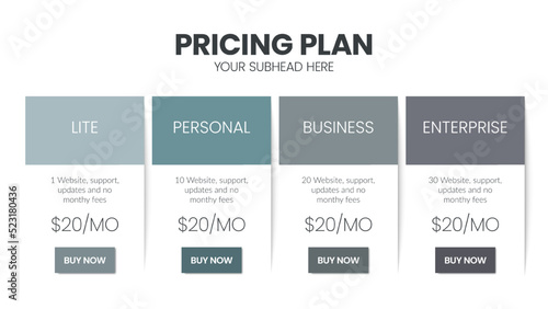 Modern creative pricing subscription plan table template with minimal line icon style. UI UX interface design elements. Infographic design element with option plans for website or presentation vector.