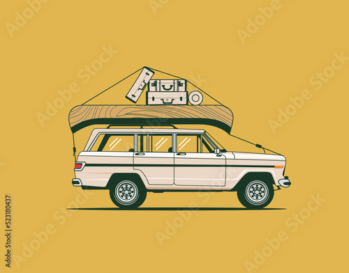 Classic side view off road SUV car with kayak and luggage on the roof isolated on yellow background for t-shirt print or poster or card design. Vector illustration