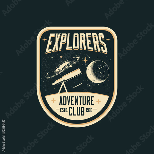 Vintage styled space cosmic badge or label or logo design template with telescope and space landscape. Vector illustration