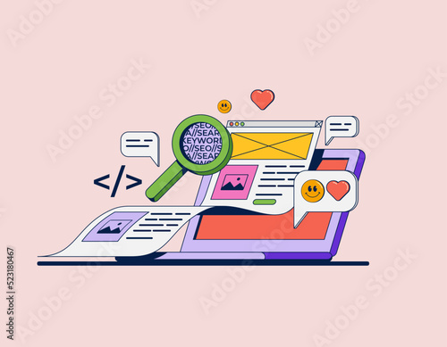 Web development concept illustration with computer and coding and SEO or marketing graphic elements and symbols. Cartoon styled vector illustration