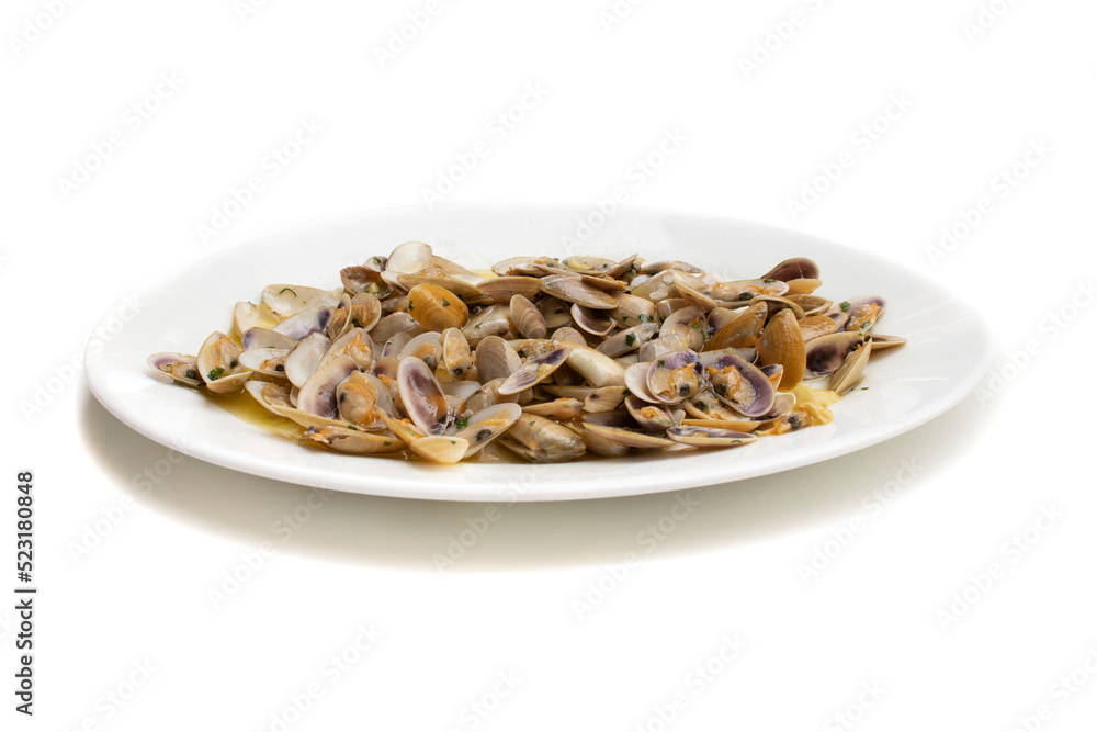 Dish of coquinas with garlic. The coquina (Donax trunculus) is a headless bivalve mollusc of the Donacidae family. Isolated on white background. Spanish food concept. Dish of coquinas with garlic. The coquina (Donax trunculus) is a headless bivalve mollusc of the Donacidae family. Isolated on white background. Spanish food concept.