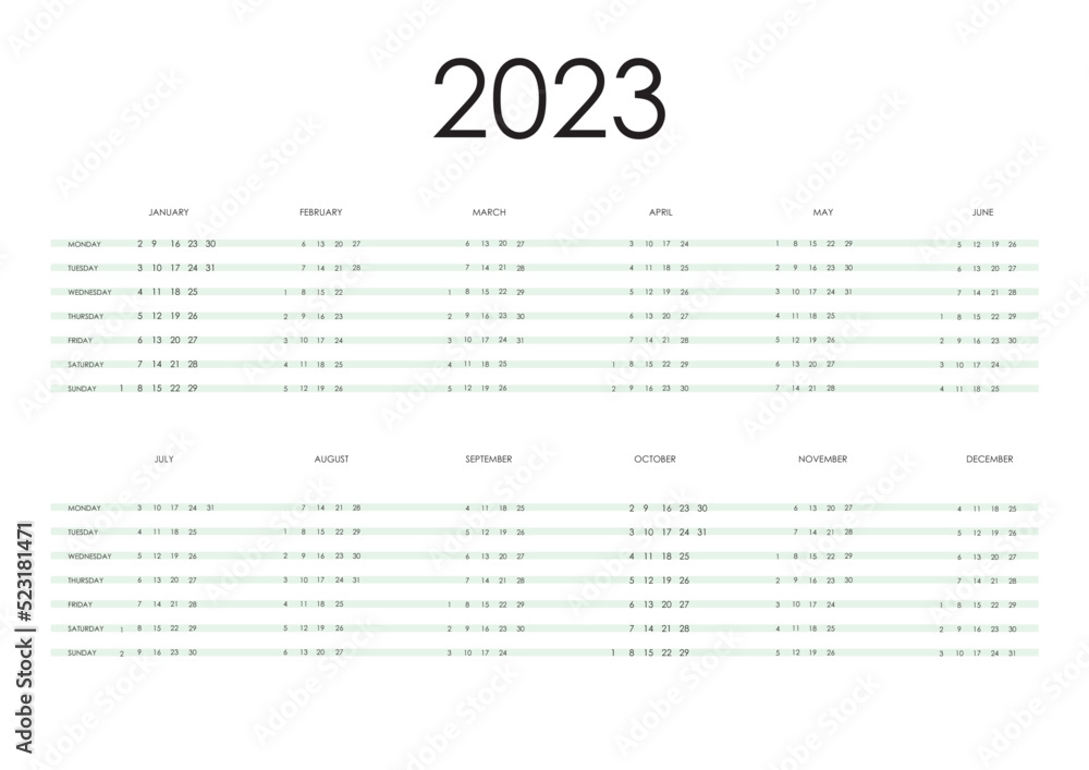 2023 calendar year vector illustration. Yearly calendar 2023 template. Calendar design. Simple calendar design for 2023 2023 calendar year vector illustration. Yearly calendar 2023 template. Calendar design. Simple calendar design for 2023