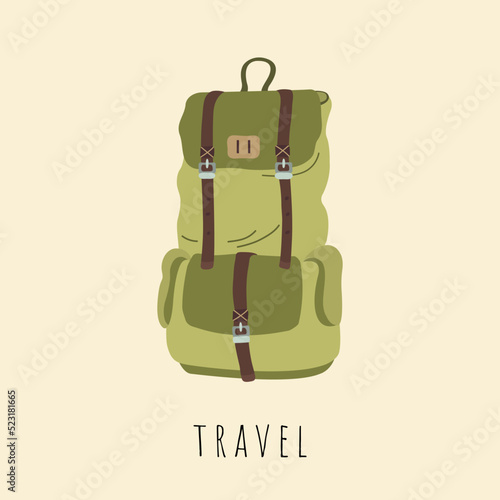 Cartoon tourist backpack. Camping, travel, trip, hiking, camper, travel concept. Isolated vector illustration for poster, banner, asvertising, cover, card.
 photo