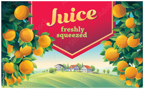 Illustration of a rural scenery, with orange tree branches in the foreground and design elements, and a village in the background. Vector illustration.