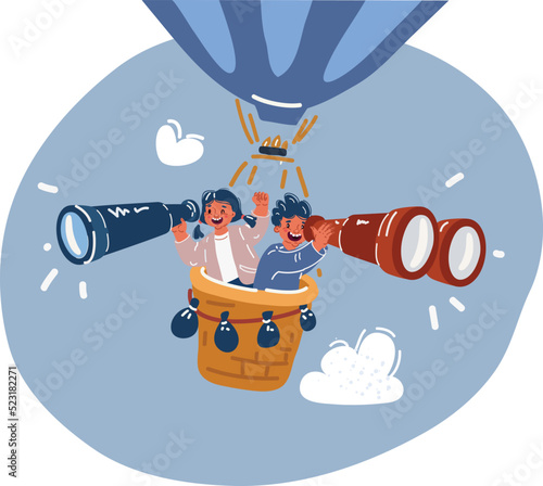 Vector illustration of Brother and sister watching through binoculars flying on aerostat