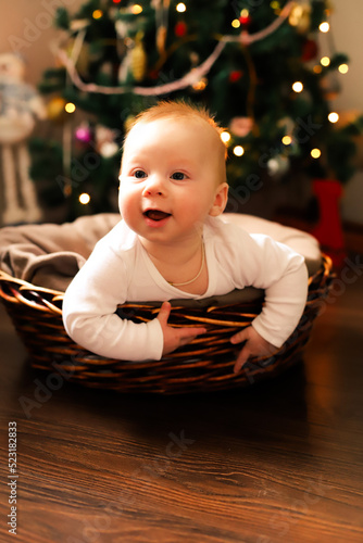a baby under the tree. the family celebrates Christmas.