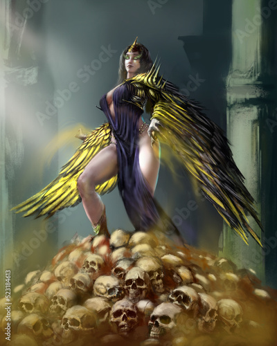 A beautiful harpy stands on a mountain of skulls, she has gilded wings and armor, her body is covered with a blue dress, she herself uses magic. Digital drawing style, 2D illustration photo