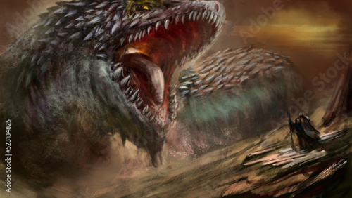 A huge sandworm attacks a wanderer walking through the desert, he has spiked armor on his back. Digital drawing style, 2D illustration