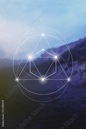 Sacred geometry spiritual new age futuristic illustration with interlocking circles, triangles and glowing particles in front of blurry natural photographic background
