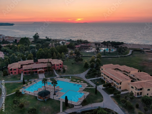 Aerial drone view of luxury hotel in Acharavi, corfu , Greece photo