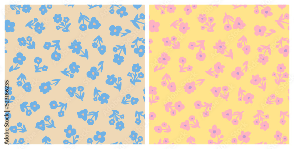 Pastel cute flowers with leaves seamless repeat pattern set. Random placed, vector botanical elements all over surface print. Pastel cute flowers with leaves seamless repeat pattern set. Random placed, vector botanical elements all over surface print.