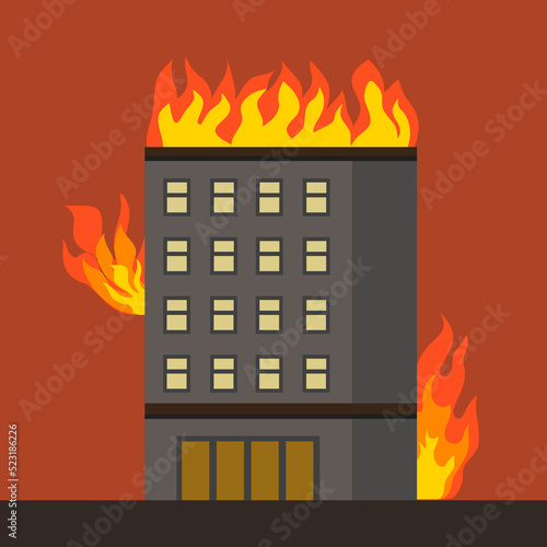Fire burning tower of apartment building. Orange flames on the roof and window. Building fire flat design vector illustration.