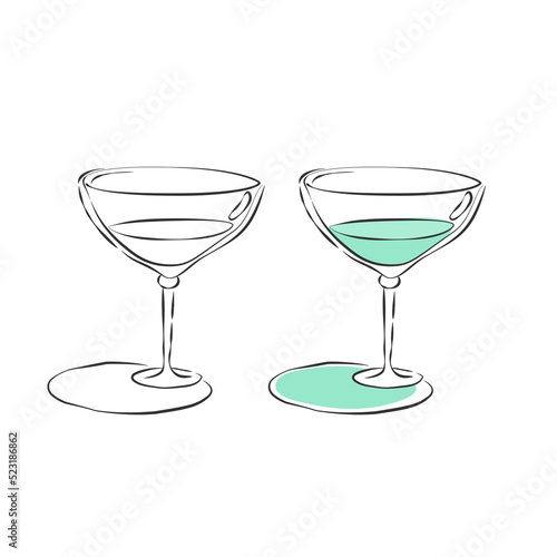 Two types vermouth glass. Drink element. Black white and color object. Wineglass beverage. Hand draw simple sketch. Isolated illustration on white background in engraving style