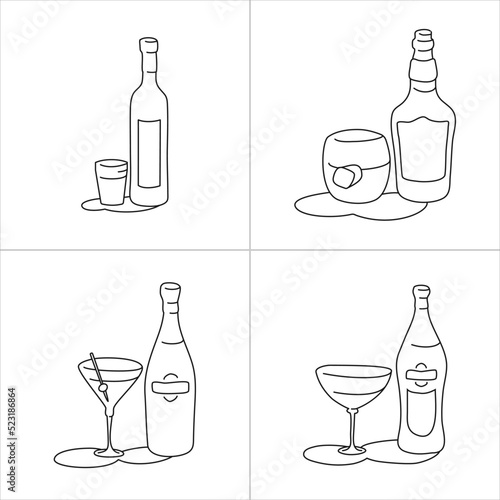 Vodka whiskey martini vermouth bottle and glass outline icon on white background. Black white cartoon sketch graphic design. Doodle style. Hand drawn image. Party drinks concept. Freehand drawing