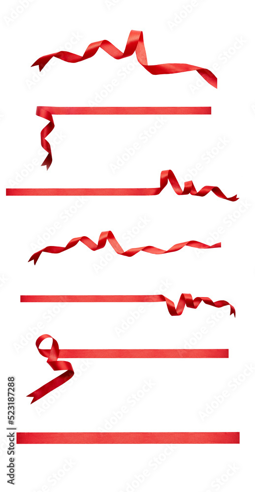 A collection of curly red ribbon for Christmas and birthday present isolated against a transparent background.