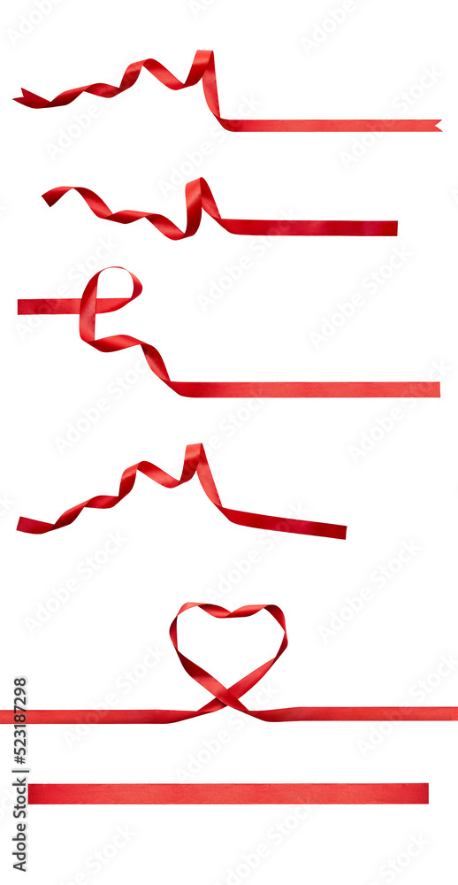 A set of curly red ribbon for Christmas and birthday present isolated against a transparent background.
