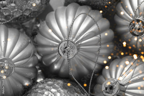 macro detail of beautiful shiny silver Christmas baubles