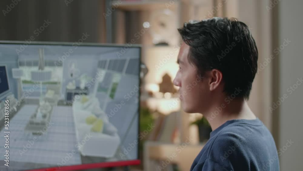Close Up Of Asian Male Engineer Rotate And Zoom In 3D Room While Working On A Desktop At Home. Cyber Games House Design And Decoration
Close Up Of Asian Male Engineer Rotate And Zoom In 3D Room While Working On A Desktop At Home. Cyber Games House Design And Decoration