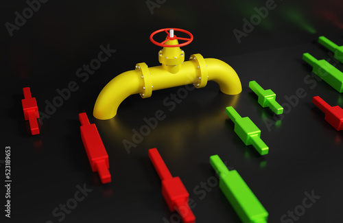 Foto Gas valve on a yellow pipe with a graph of the rise and fall of Japanese candles