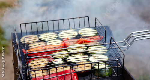 Tasty vegetables cooking on barbecue grill  outdoors. Roasted vegetables  closeup