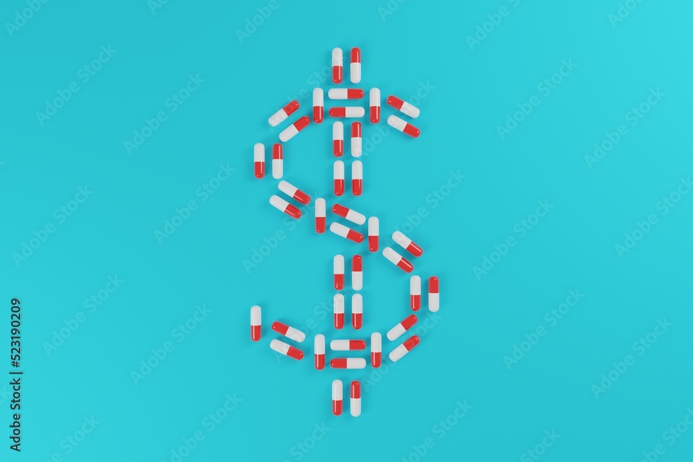American dollar sign of red tablets or pills on a solid blue background, the concept of drug prices, 3D rendering American dollar sign of red tablets or pills on a solid blue background, the concept of drug prices, 3D rendering