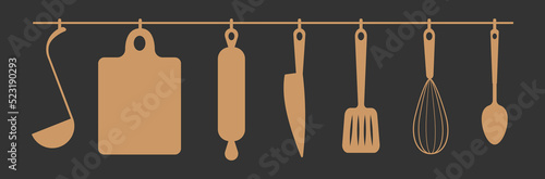 Set of black silhouettes kitchen tools fork spoon knife rolling pin ladle board for cutting culinary banner with place for your text vector illustration isolated on white background