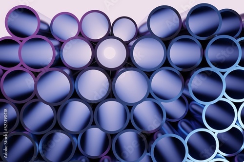 Stack of metal pipes  abstract technological background of rolled metal elements in blue and purple color