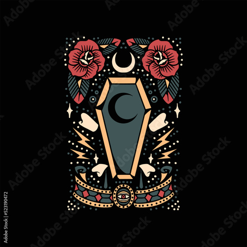 coffin rose tattoo set vector design