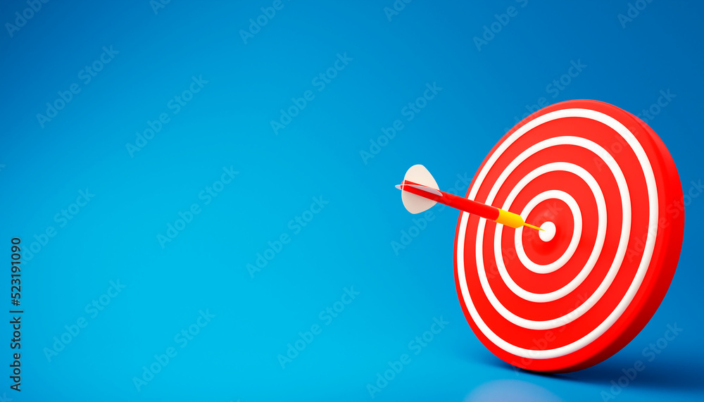 3d target board icon. Hit right on target. Red aim, arrow, Idea concept on blue background. 3d rendering illustration.