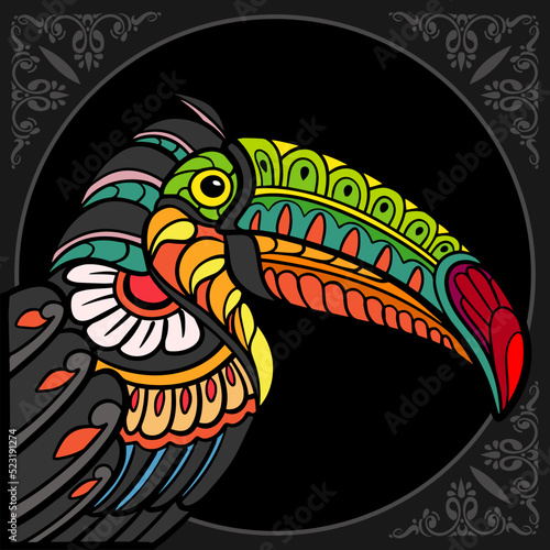 Colorful Toucan bird zentangle arts isolated on black background