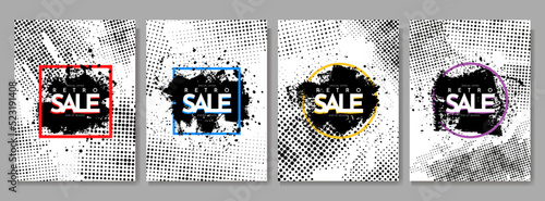 Vector illustration. Grunge halftone dots texture. Ink brush strokes. Design elements for poster, book cover, magazine, flyer, layout, greeting or business card, brochure. Paint splash. Abstract art