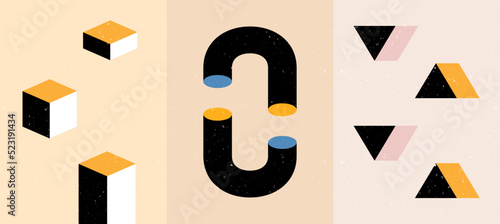 Vector illustration. Abstract geometric shapes. Surreal 3d concept. Design elements for poster, book cover, magazine, flyer, layout, greeting or business card, brochure. 60s, 70s retro graphic style