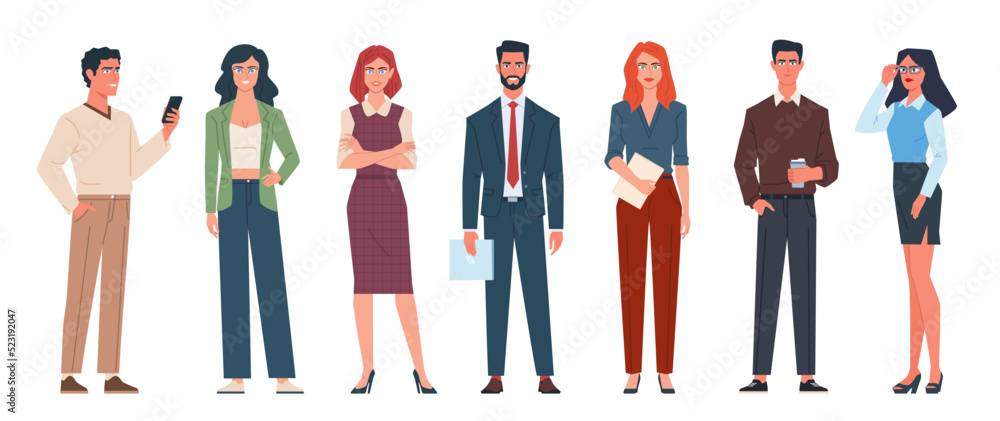 Fototapeta premium Business team of different gender, age and race standing on an isolated white background. Modern flat cartoon illustration