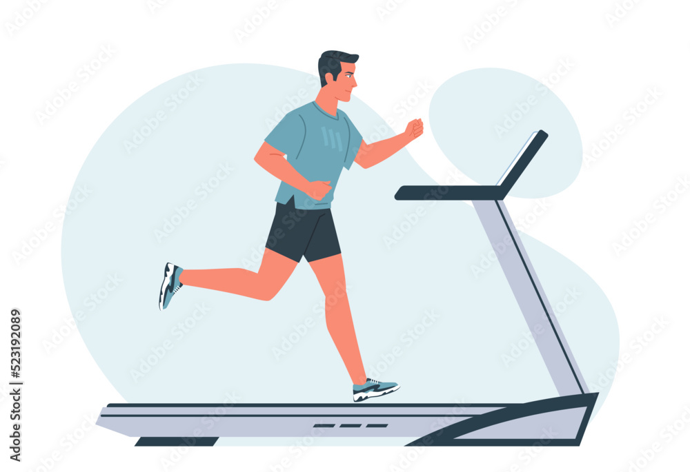 Man runs on a treadmill. Active lifestyle. Flat cartoon vector illustration on isolated white background Man runs on a treadmill. Active lifestyle. Flat cartoon vector illustration on isolated white background