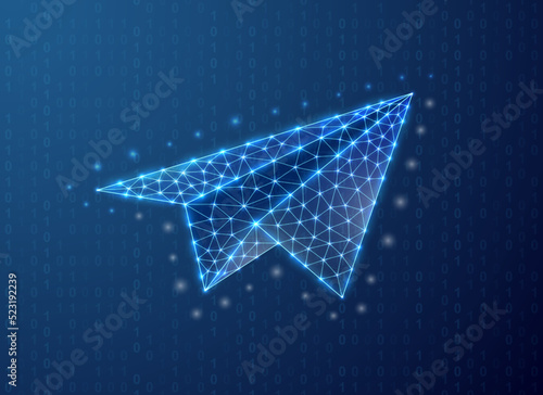 Paper airplane polygonal symbol with binary code background. Travel concept design illustration. Blue Aviation low poly symbol with connected dots