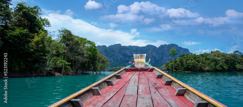 The head of the boat that takes tourists on a mountain cruise in Khao Sok Reservoir. Ratchaprapha Dam Surat Thani Province  Thailand.