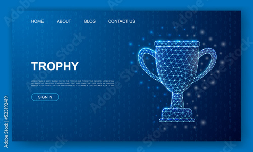 Trophy cup 3d polygonal website template. Award design illustration concept. Low poly Prize symbol for homepage, promotion banner design.