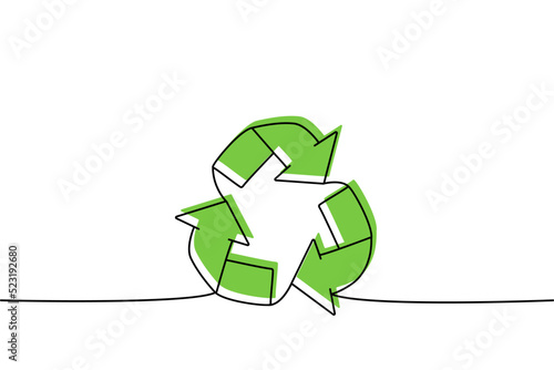 Recycle one line colored continuous drawing. Recycling waste, Ecology continuous one line colorful illustration. Vector minimalist linear illustration