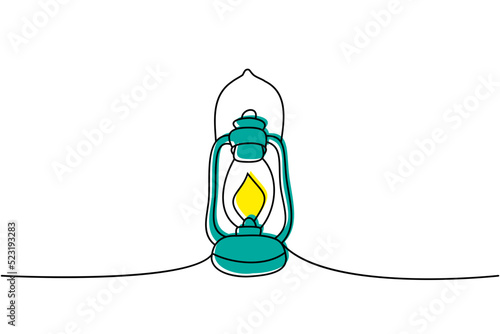 Camp lamp one line colored continuous drawing. Old oil lantern continuous one line colorful illustration. Vector minimalist linear illustration
