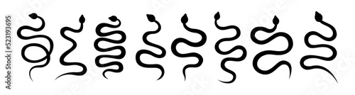 Set of black snake silhouettes. Dark hand drawn poisonous snakes. Black toxic reptiles. Dangerous exotic rattlesnakes symbol.