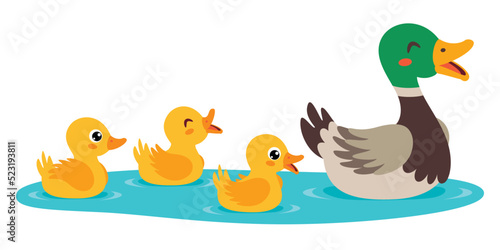 Cartoon Illustration Of Mother And Baby Ducks