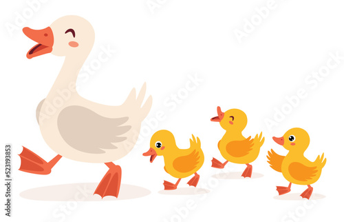 Cartoon Illustration Of Mother And Baby Gooses